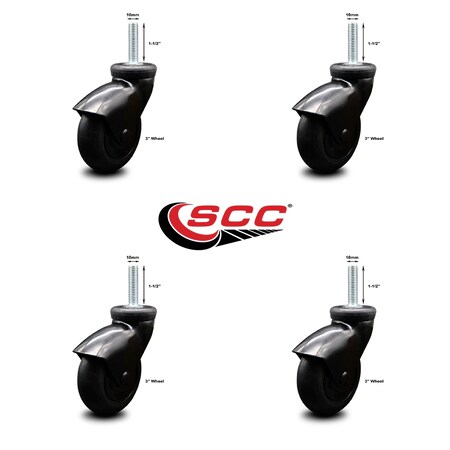 Service Caster 3 Inch Black Hooded Neoprene Rubber 10mm Threaded Stem Casters SCC, 4PK SCC-TS03S310-NPRB-BK-M1015-4